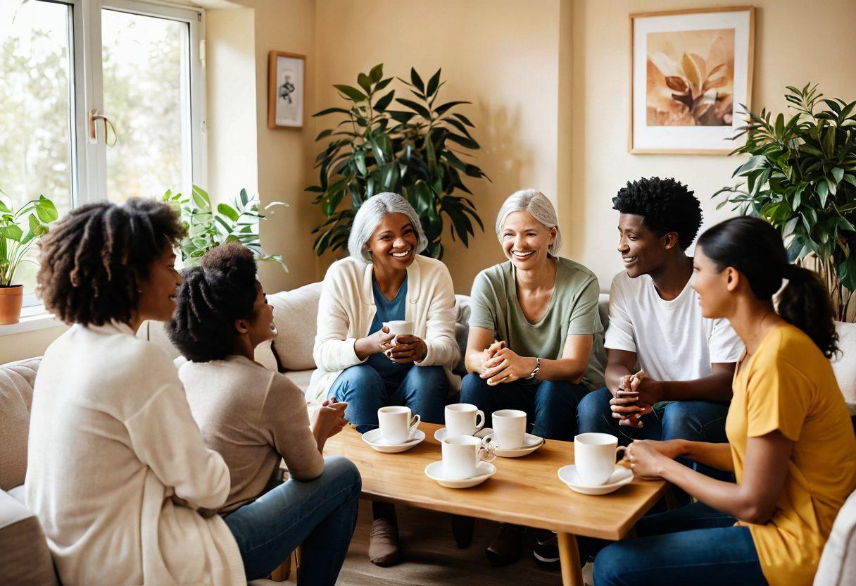A comforting scene depicting a diverse group of people sitting together in a cozy support group setting, sharing stories with warm smiles, surrounded by gentle lighting and plants to symbolize hope. Include supportive elements like a care guidebook, soft tissue boxes, and a comforting cup of tea on the table. The overall atmosphere should radiate warmth and compassion, reflecting the importance of community and support in cancer journeys. super-realistic. warm tones. soft focus.