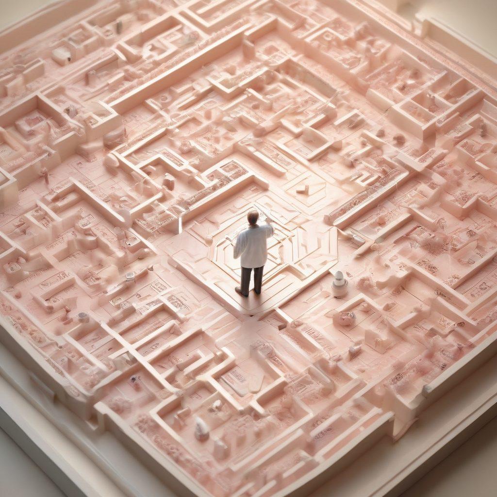 An intertwining maze representing the complexities of cancer care, featuring symbols of billing, insurance documents, and supportive hands reaching out. Include a soft, soothing color palette with gentle lighting to evoke hope and compassion. Show a figure navigating the maze, symbolizing patients finding their way through the healthcare system. super-realistic. soft colors. calm atmosphere.