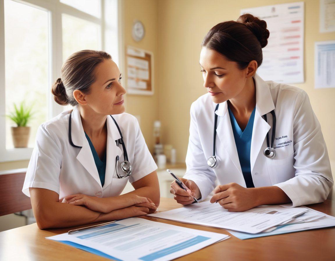 A compassionate doctor discussing insurance claims with a cancer patient in a warm, sunlit clinic. Display various infographics related to oncology care reimbursement on the walls, and show reassuring expressions on both faces. Include a stack of claim forms and medical documents on the table. A soft color palette to evoke a sense of hope and comfort. super-realistic. vibrant colors.